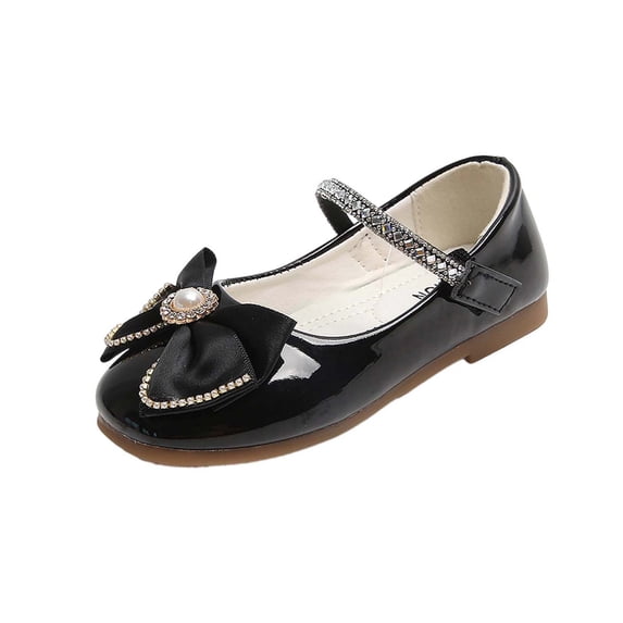 Hinvhai Girl's Bow Dress Shoes Ballet Princess Flats with Rhinestone Strap for Party Wedding School, Toddler/Little Kid/Big Kid Black 9.5(25)