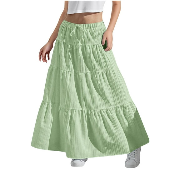 Hinvhai Girl's Flowy Flared Ruffle Boho Long Skirt Summer Maxi Skirt Going Out Outfits Green 8-9Years