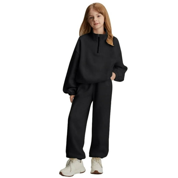 Hinvhai Girls 2 Piece Outfits Quarter Zip Sweatshirt and Jogger Sweatpants for Boys Fall Winter Clothing Set Athleisure Black 11 Years