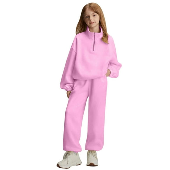 Hinvhai Girls 2 Piece Outfits Quarter Zip Sweatshirt and Jogger Sweatpants for Boys Fall Winter Clothing Set Athleisure Pink 9 Years