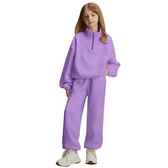 Hinvhai Girls 2 Piece Outfits Quarter Zip Sweatshirt and Jogger Sweatpants for Boys Fall Winter Clothing Set Athleisure Purple 9 Years