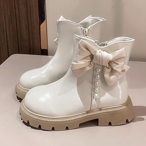 Hinvhai Girls Ankle Boots Bowknot Round Toe Side Zipper Fall Dress Booties Kids Non Slip Soft Leather Cute Chelsea Shoes White 11 M(28)