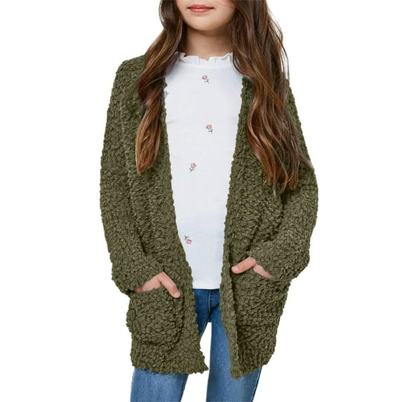 Hinvhai Girls Cardigan Open Front Fleece Long Sleeve Coat with Pockets Green 160