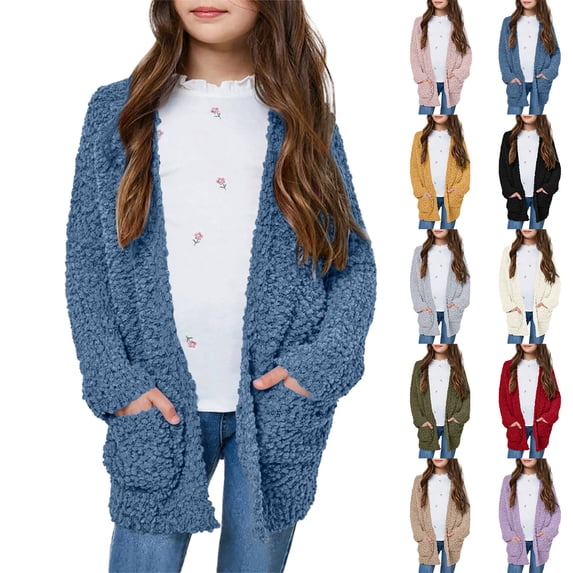 Hinvhai Girls Cardigan Open Front Fleece Long Sleeve Coat with Pockets White 160
