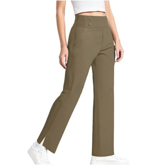 Hinvhai Girls Dress Work Pants High Waisted Flare Casual Slacks Stretchy Boot Cut Yoga Trousers Khaki 11 Years