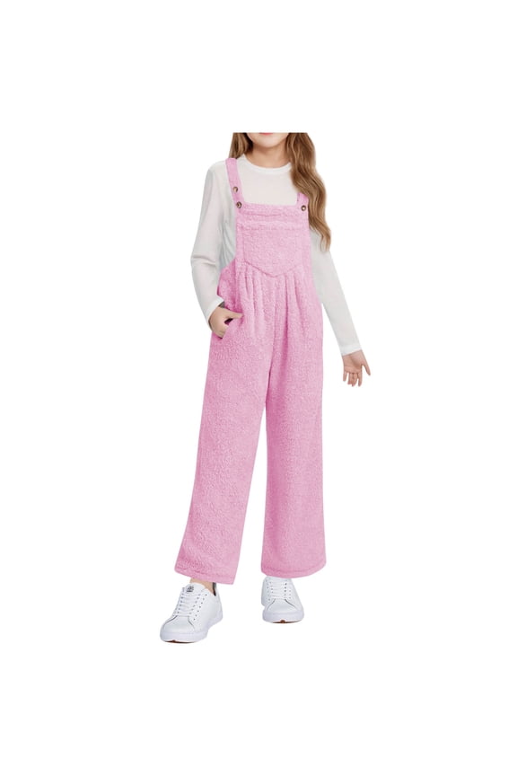 Girls Fleece Overalls Winter Warm Sherpa Fuzzy Jumpsuit Kids Loose Straps Romper with Pockets Pink 7-8 Years