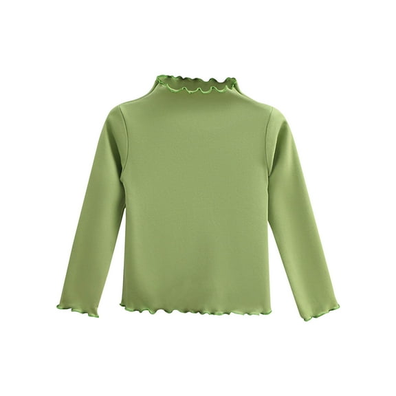 Hinvhai Girls Lettuce Edge Trim Mock Neck Long Sleeve Slim Fit T-Shirt Tops Lightweight Tee Green 6-7Years