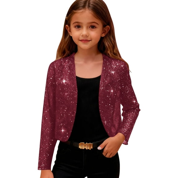 Hinvhai Girls Sequin Cardigan Open Front Cropped Jacket Party Blazer Shrug Long Sleeve Outwear Casual formal Clothes Wine 5 Years