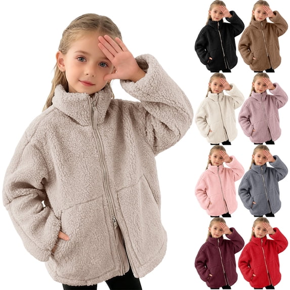 Hinvhai Girls Sherpa Jacket Fall Fleece Coat Two Full Zip Winter Warm Collared Fuzzy Outerwear with Pockets Watermelon Red 170(170)