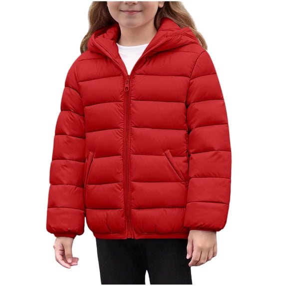 Hinvhai Girls Winter Coat Warm Zip Up Jackets with Hood Puffy Packable Outerwear Coats Lightweight Jackets Red 110