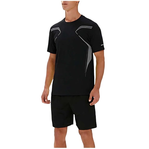 Hinvhai Gym Mens Clothes Workout Shirts for Men Outfits Sets Shirts+Shorts Black M(M)