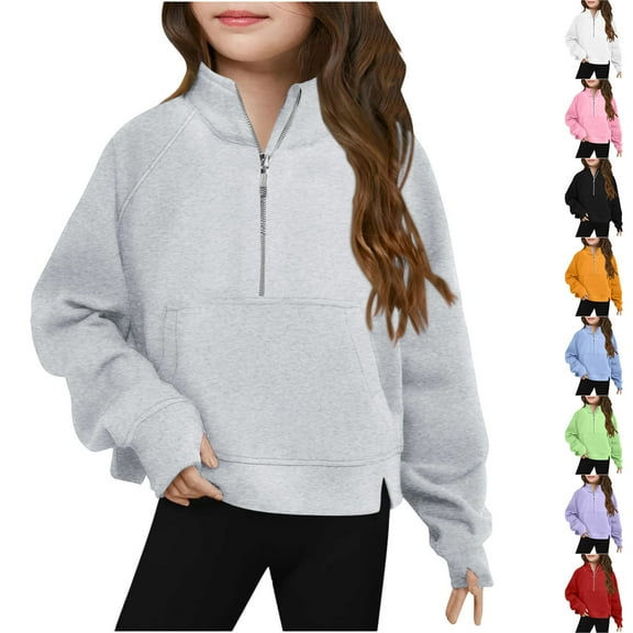 Hinvhai Half Zip Crop Sweatshirt for Girls Long Sleeve Pullover Tops Kids Lightweight Winter Clothes White 13 Years(160)