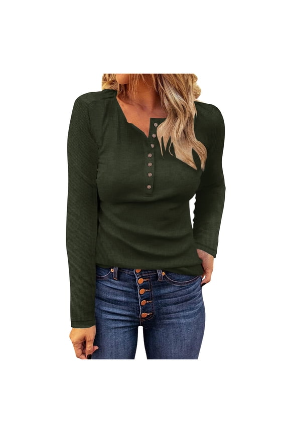 Henley Long Sleeve Shirts for Women, Crewneck Button Down Tops for Women Casual Basic Tee Shirts Army Green M(M)