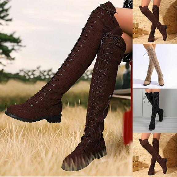 Hinvhai High Boots Lace up Flat Long Boot Winter Riding Boot Fashion Buckle Knee High Combat Boots Khaki 9.5(43)