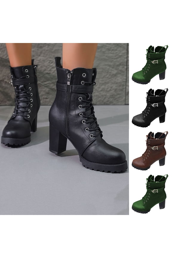 High Heel Boots for Women Platform Combat Booties Lace Up Chunky Heeled Ankle Boot with Zipper Brown 9(42)