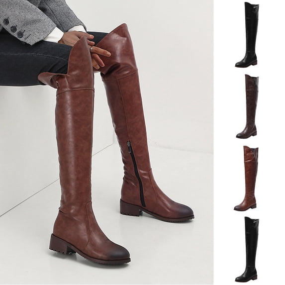 Hinvhai High Over the Knee Boots for Women Flat Low Heel Fall Winter Stretch Leather Long Round Toe Boots Coffee 9.5(43)