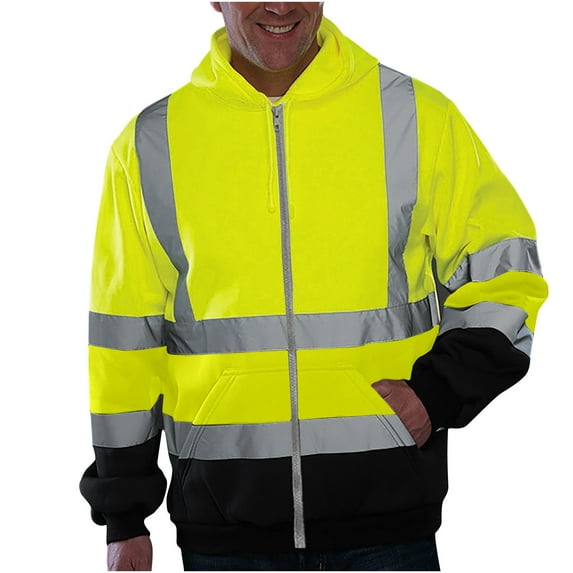 Hinvhai High Visibility Safety Sweatshirt for Men, Class 3 Reflective Zippered Hooded Sweatshirt, Hi-Vis Safety Hoodie with Black Bottom Green 8(XL)