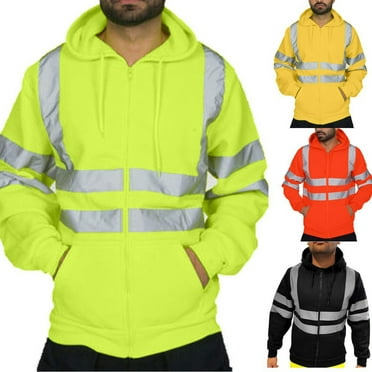 Hinvhai High Visibility Safety Sweatshirt for Men Clearance Reflective Strips Zipper Up Hooded Jacket Work Utility Hi-Vis Hoodies Yellow 10(XL)