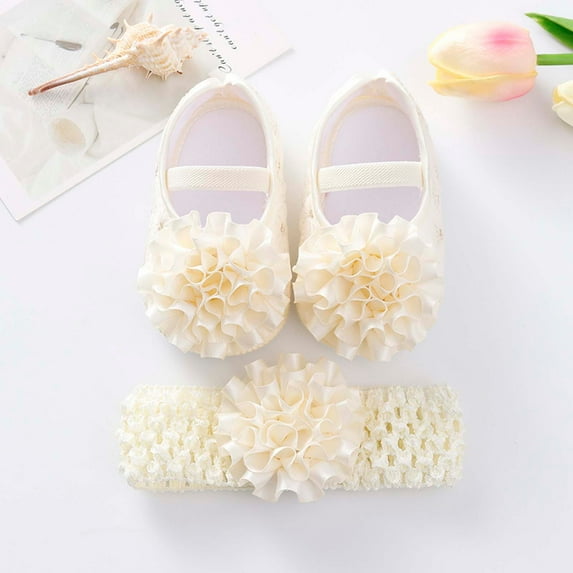 Hinvhai Infant Toddler Spring Fall Soft Single Shoes, Baby Girls Cute Flower Princess Breathable Soft Sole Non-slip Single Shoes Beige 0-3 Months