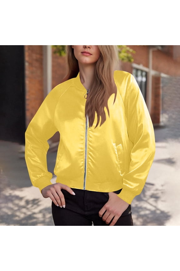 Jackets for Women Lightweight Zip Up Bomber Jacket with Pockets Stand Collar Windproof Outwear Fashion Fall Coat Yellow L(L)