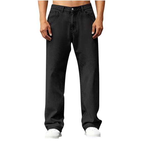 Hinvhai Jeans for Men Straight Leg Button, Mens Wide Leg Jeans, Loose Trendy Denim Pants with Pocket Black L(L)