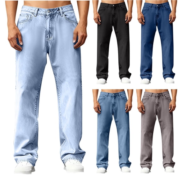 Hinvhai Jeans for Men Straight Leg Button, Mens Wide Leg Jeans, Loose Trendy Denim Pants with Pocket Sky Blue XL(XL)