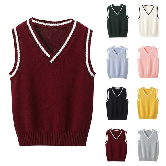 Hinvhai Kids Boys Girls V-Neck Knitted Sweater Vest Sleeveless Spring Vest Coat Students Uniform School Wear Waistcoat Yellow 15-16Years