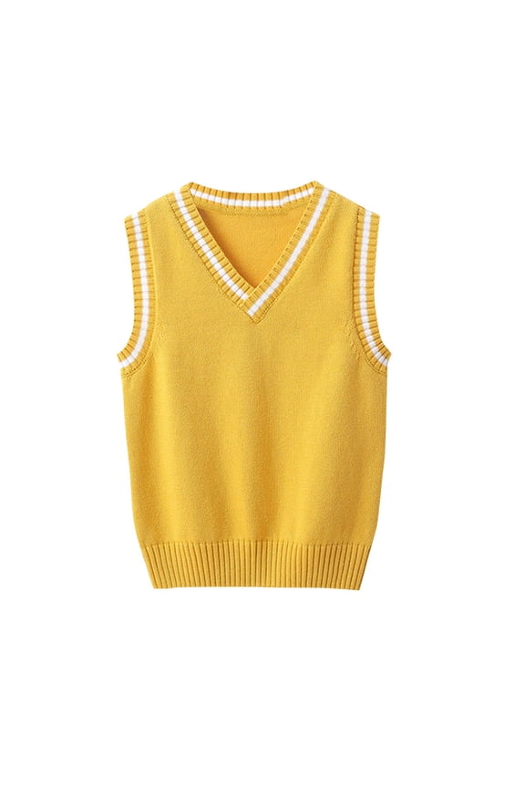 Kids Boys Girls V-Neck Knitted Sweater Vest Sleeveless Spring Vest Coat Students Uniform School Wear Waistcoat Yellow 9-10Years