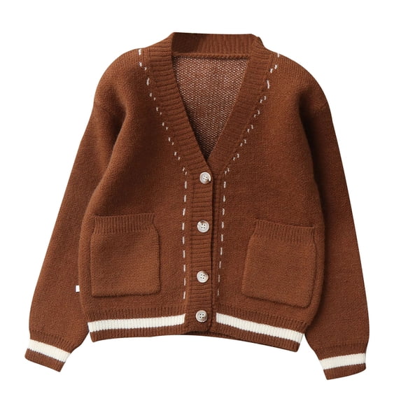 Hinvhai Kids Casual V Neck Knit Cardigan Sweater Regular Fit Long Sleeve Sweaters Fashion Fall Winter Sweater Brown 7 Years