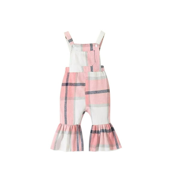 Hinvhai Kids Toddler Baby Girls Christmas Romper Clearance Sleeveless Strap Plaid Jumpsuit Backless Bell-buttom Pants Pink 12 Months