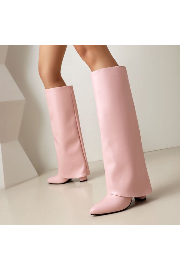 Knee High Boots Women Fold Over Boots Wedge Heel Slouchy Tall Boots Zipper Pointed Toe Dress Fall Long Boot for Women Pink 5.5(36)
