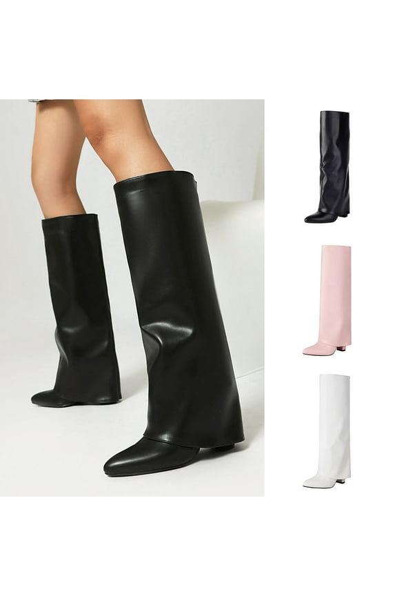 Knee High Boots Women Fold Over Boots Wedge Heel Slouchy Tall Boots Zipper Pointed Toe Dress Fall Long Boot for Women White 9.5(43)