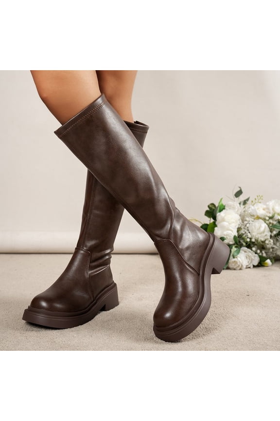 Knee High Boots for Women Square Toe Tall Boots Chunky Heeled Fashion High Boots with Zipper Brown 7.5(40)