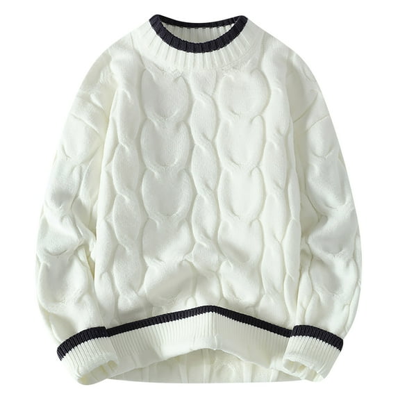 Hinvhai Knit Sweater Men Vintage Chunky Cream Sweater Men Woven Crewneck Knitted Pullover White 10(XL)