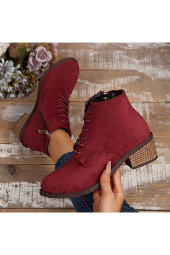 Lace Up Ankle Boots for Womens Round Toe Suede Winter Dressy Short Booties Classic Comfort Casual Vintage Boots for Women Non-Slip Booties Red 6.5(38)