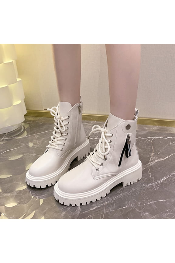 Leather Ankle Boots for Women Lace Up Lug Sole Combat Booties Zipper Platform Riding Boot White 5.5(36)
