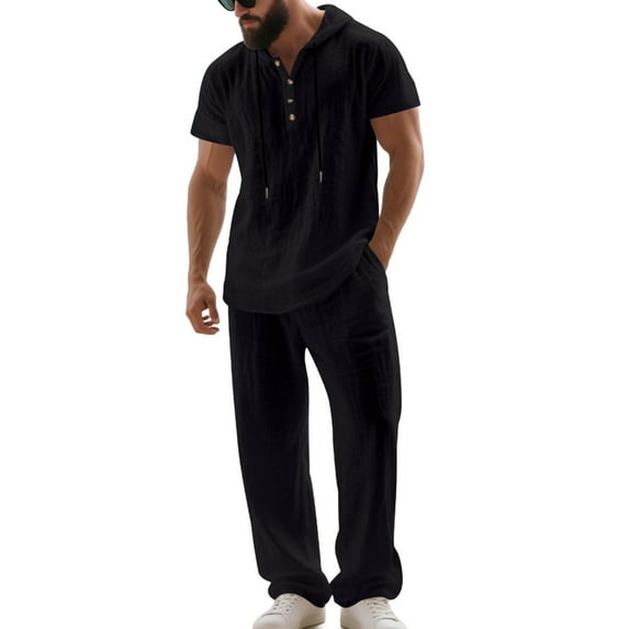 Hinvhai Linen 2 Piece Sets for Men Button Down Linen Shirts with Hood and Beach Pants Loose Fit Casual Vacation Outfits Black XL(XL)