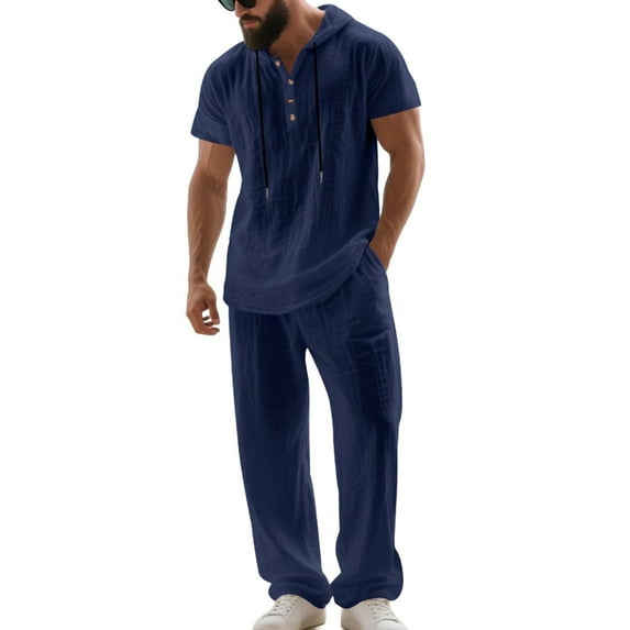 Hinvhai Linen 2 Piece Sets for Men Button Down Linen Shirts with Hood and Beach Pants Loose Fit Casual Vacation Outfits Navy M(M)