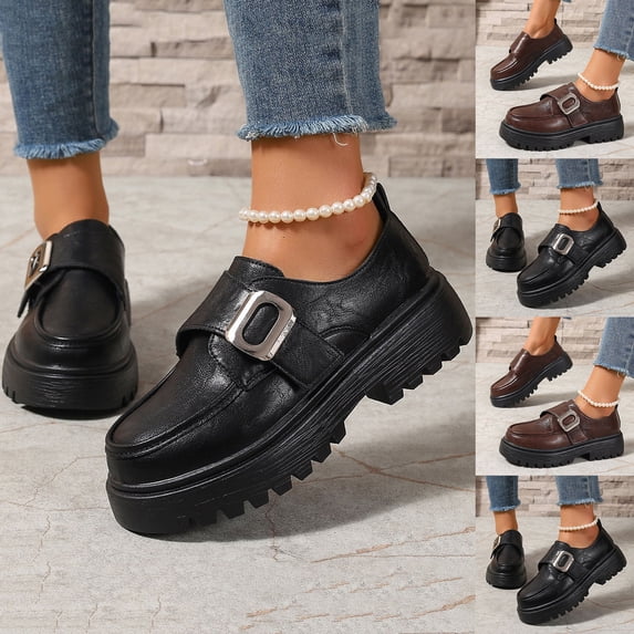Hinvhai Loafers for Women Platform Chunky Loafers Hook and Loop Casual Dressy Shoes Brown 9(42)