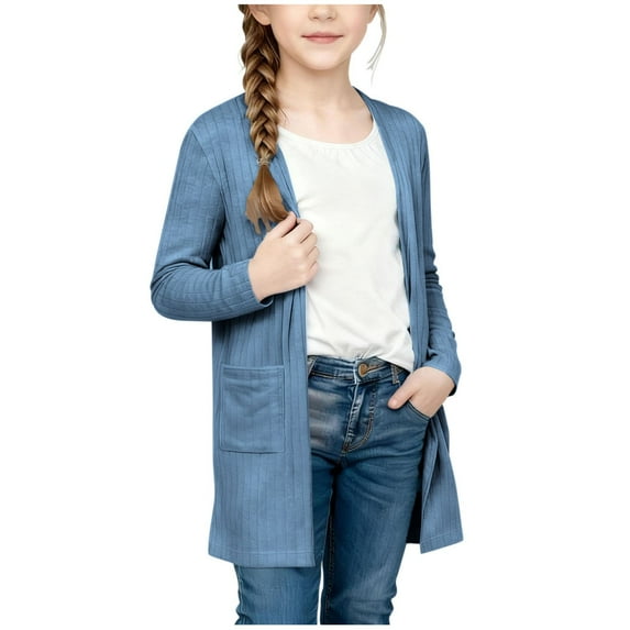 Hinvhai Long Cardigan for Girl Open Front Lightweight Cardigan Long Sleeve Fall Winter Outerwear with Pockets Blue 7 Years