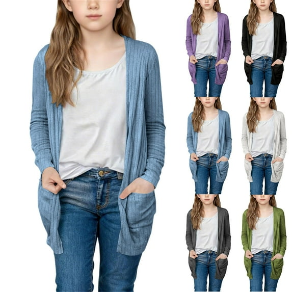 Hinvhai Long Cardigan for Girl Open Front Lightweight Cardigan Long Sleeve Fall Winter Outerwear with Pockets White 13 Years