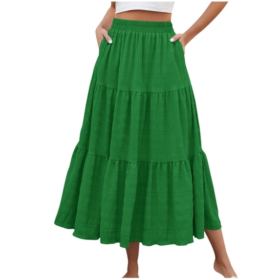 Hinvhai Long Skirts for Women with Pockets Trendy Elastic High Waist Flowy Swing A Line Ruffle Tiered Maxi Skirt Green XL(XL)