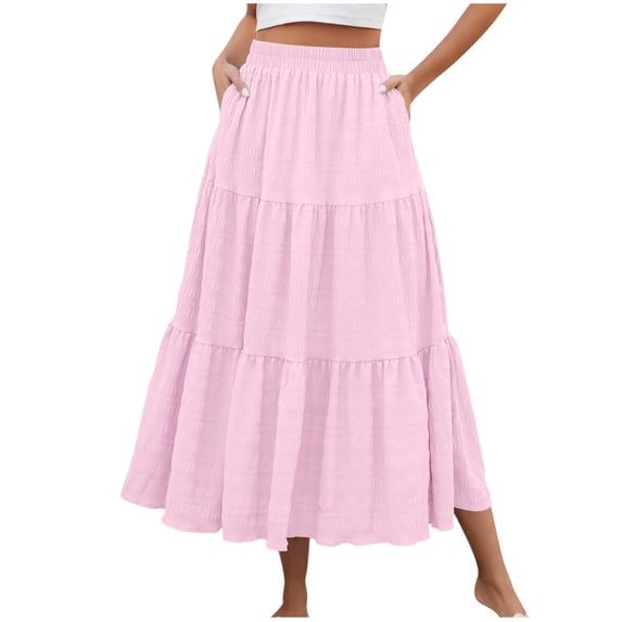 Hinvhai Long Skirts for Women with Pockets Trendy Elastic High Waist Flowy Swing A Line Ruffle Tiered Maxi Skirt Pink M(M)