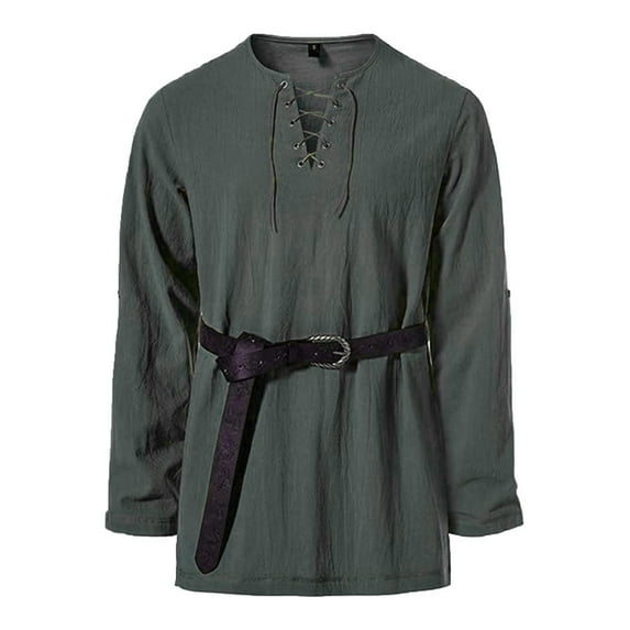 Hinvhai Long Sleeve Shirts for Men Lace Up V Neck T-Shirt Casual Drawstring Solid Stand Collar Blouse Retro Pullover Clothes Army Green L(L)