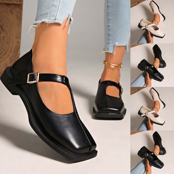 Hinvhai Mary Jane Flats for Women Dressy Retro Square Toe Ankle Strap Ballet Flats Comfortable Patent Leather Shoes Black 9.5(43)