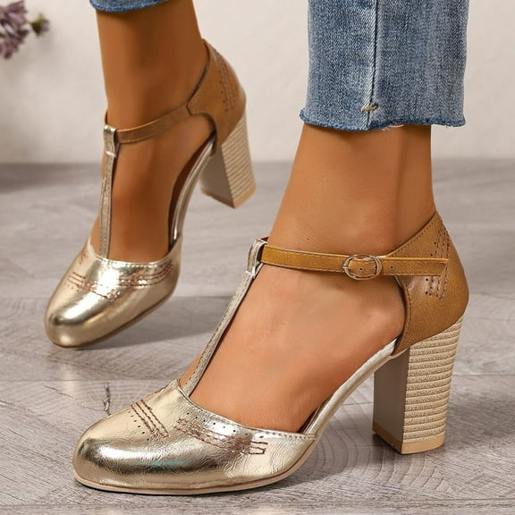 Hinvhai Mary Jane Pumps Chunky Heels for Women Round Toe T-Strap Sandals Summer Oxford Shoes with Hollow Gold 9(42)