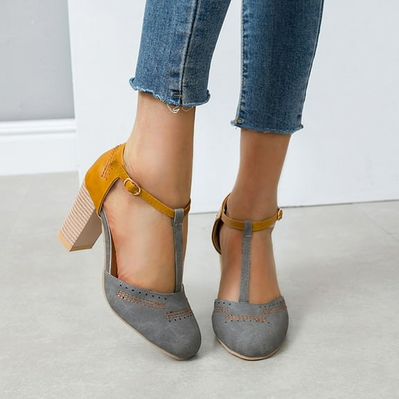 Hinvhai Mary Jane Pumps Chunky Heels for Women Round Toe T-Strap Sandals Summer Oxford Shoes with Hollow Gray 9.5(43)