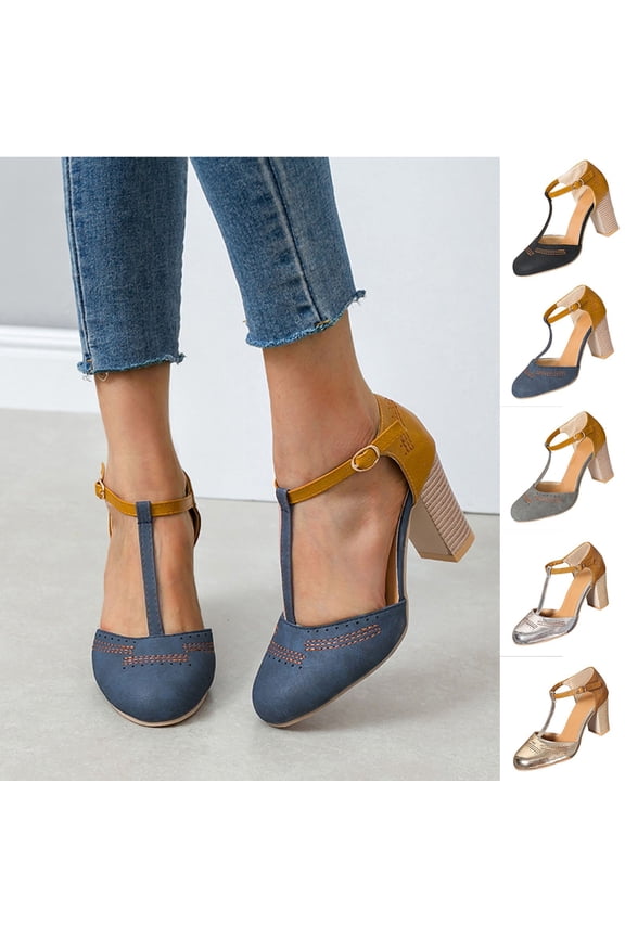 Mary Jane Pumps Chunky Heels for Women Round Toe T-Strap Sandals Summer Oxford Shoes with Hollow Silver 9.5(43)