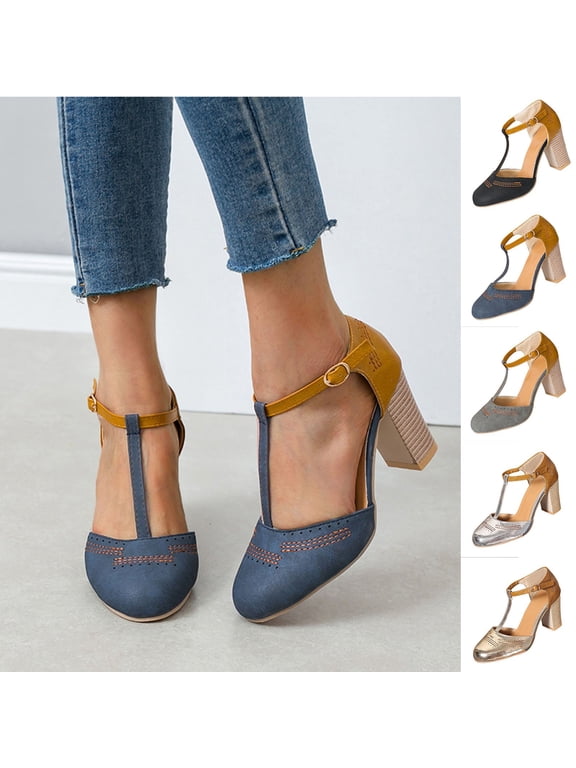 Mary Jane Pumps Chunky Heels for Women Round Toe T-Strap Sandals Summer Oxford Shoes with Hollow Silver 9.5(43)