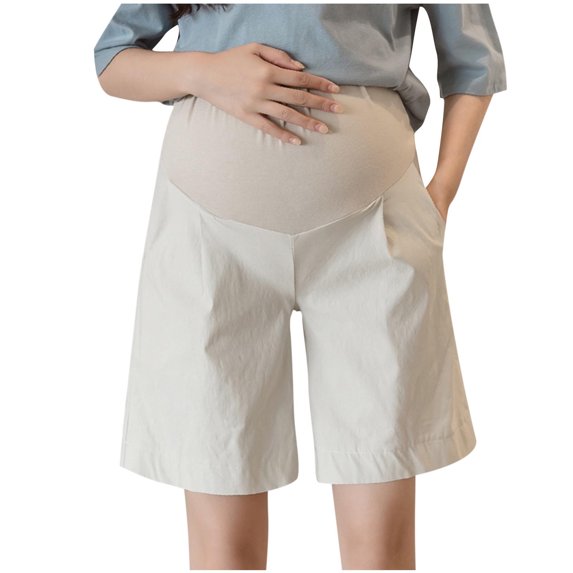 Hinvhai Maternity Athletic Shorts, Adjustable Waistband Pregnancy Lounge Shorts Active, Loose Maternity Shorts Beige M(M)